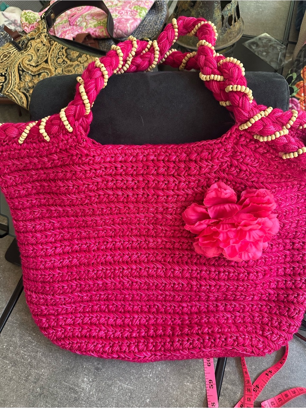 The Sak Fuchsia Crochet Shoulder Bag with Floral Accent - Picture 7 of 10